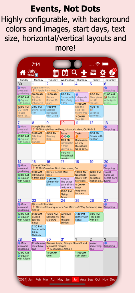 myCal PRO Planner - myCal PRO Planner의 자세한 월별 보기로, 점 대신 텍스트 설명이 있는 색상 코딩된 캘린더 이벤트가 표시됩니다.