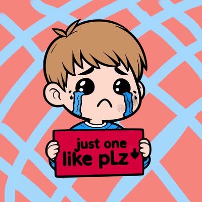 realistic crying boy with a sign saying just one like plz