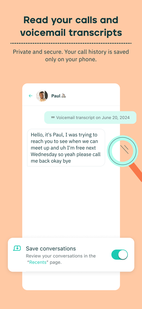 Interfaz de la aplicación Rogervoice que muestra una transcripción de correo de voz visual de un contacto y un interruptor para guardar la conversación.