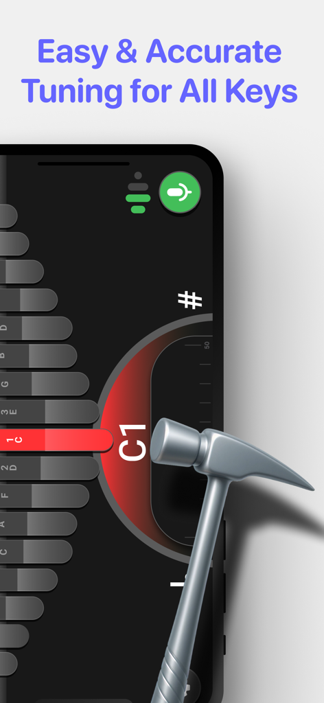 Interface of the Tunelimba app showing a tuning hammer and frequency dial for kalimba keys
