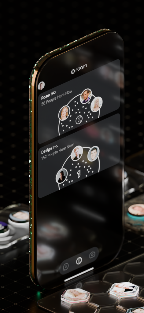 Roam Virtual Office - Un smartphone mostrando la interfaz de la aplicación Roam Virtual Office con sede virtual y miembros del equipo
