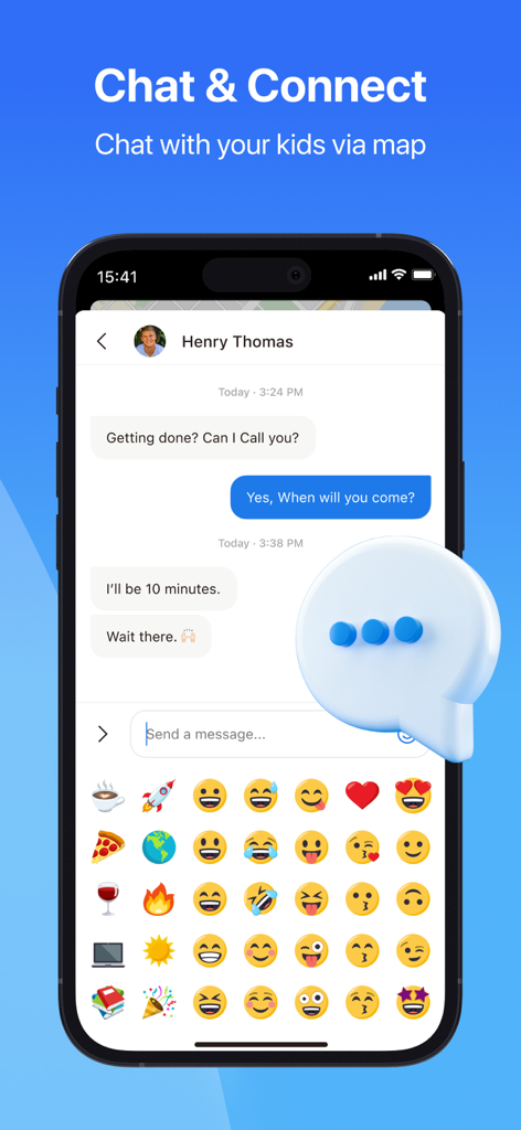 iSharing app chat interface showing a messaging conversation and emoji keyboard for family communication