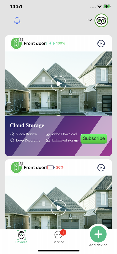 Dashboard of the Seeing app displaying connected front door cameras and cloud storage subscription options