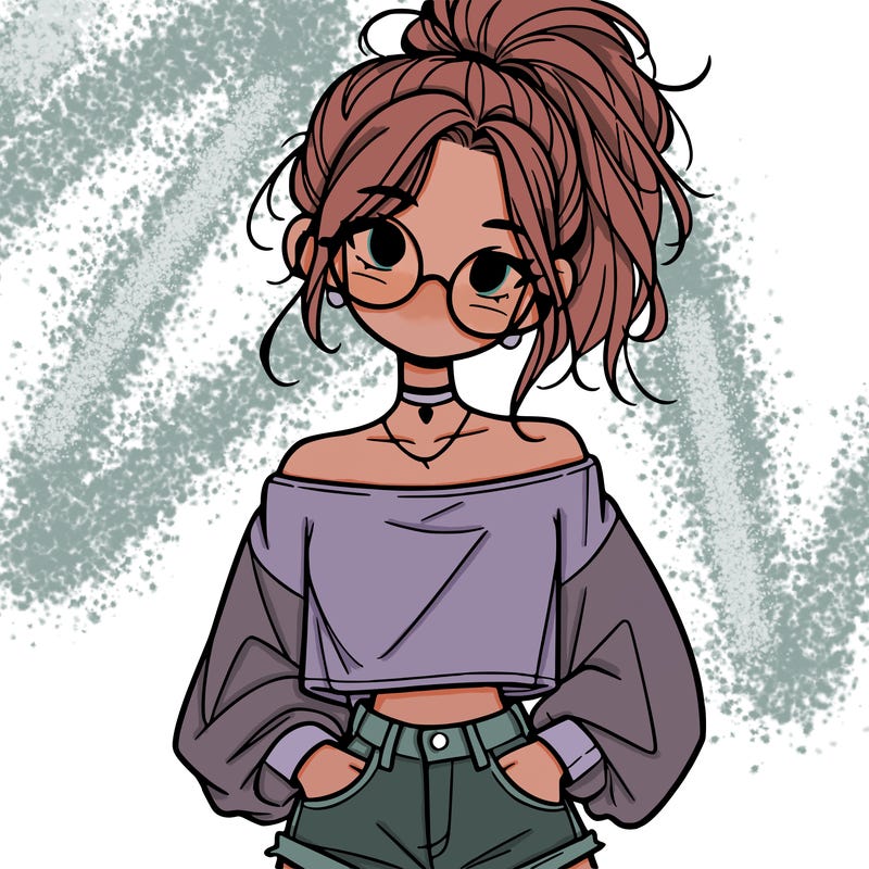 girl with a messy ponytail glasses a baggy crop top and jean shorts