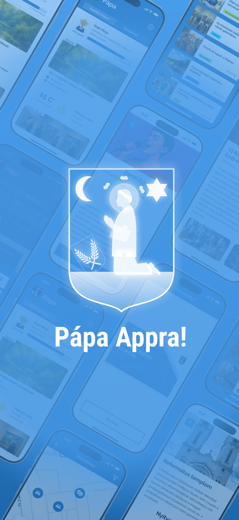 Pápa Appra! - Logo dell'app smart city Papa Appra raffigurante uno stemma cittadino e anteprime dell'interfaccia mobile.