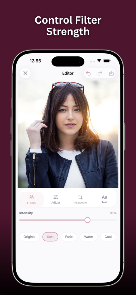 Photo Edit Studio++ - Interface of Photo Edit Studio showing how to control filter strength with a slider on a portrait.