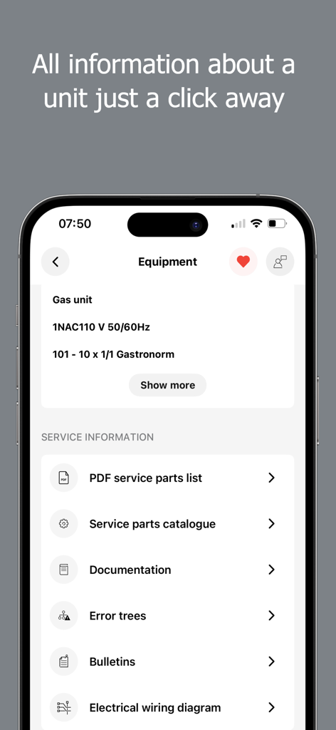 TechAssistant 2.0 - TechAssistant 2.0 app screen displaying technical documentation and service information for commercial kitchen units
