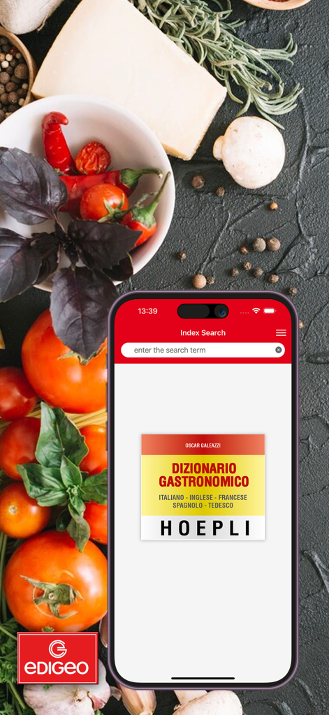 Application mobile Dictionnaire Gastronomique Hoepli affichant l'écran de recherche de l'index pour les termes culinaires multilingues entourée d'ingrédients frais