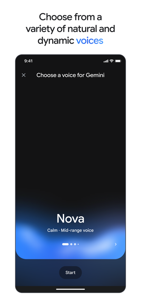 Interface for choosing a natural and dynamic voice like Nova in Google Gemini