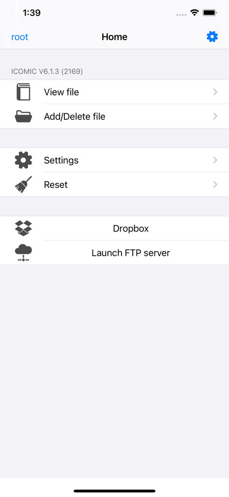 iComic -comic reader- - Tela inicial do aplicativo iComic mostrando gerenciamento de arquivos, configurações, Dropbox e opções de servidor FTP