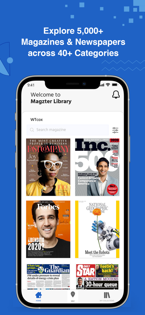 Magzter Libraryアプリのインターフェース。ForbesやNational Geographicなどの幅広いデジタル雑誌や新聞が表示されています。