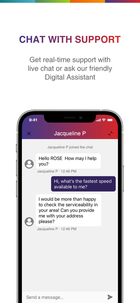 Interface of the Go Kinetic app showing a live chat conversation with a customer support representative