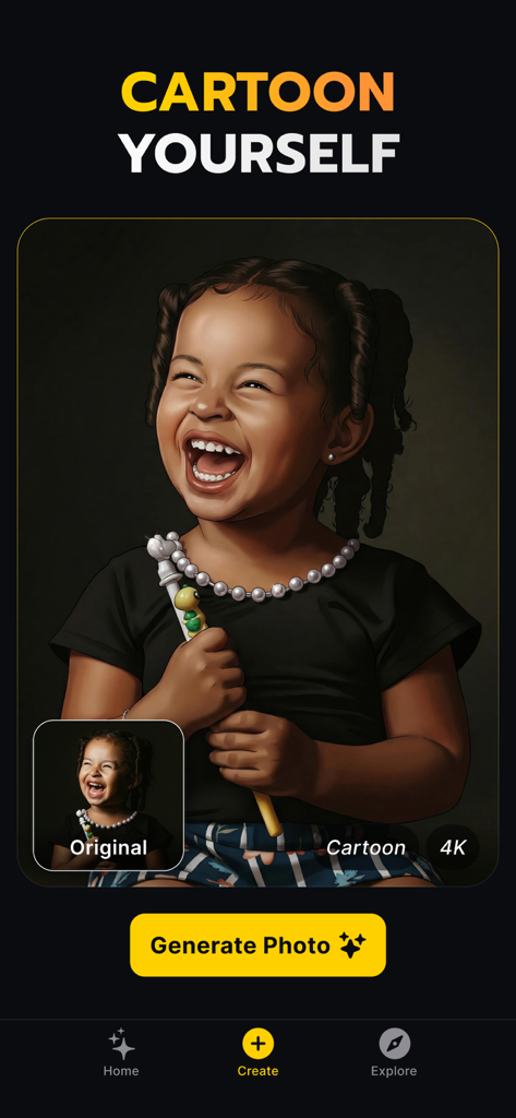 Geno: Trend AI Photo Face Swap - Geno app screenshot showing the Cartoon Yourself feature with an AI transformed photo of a laughing girl