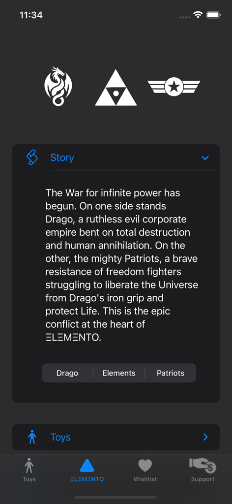 Interface de l'application Elemento affichant l'histoire de fond de l'univers des jouets
