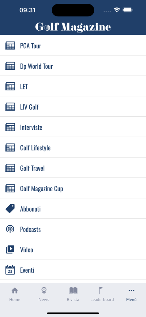 Golf-Magazine - Menu principale dell'app Golf Magazine con sezioni per podcast PGA Tour, video ed eventi.