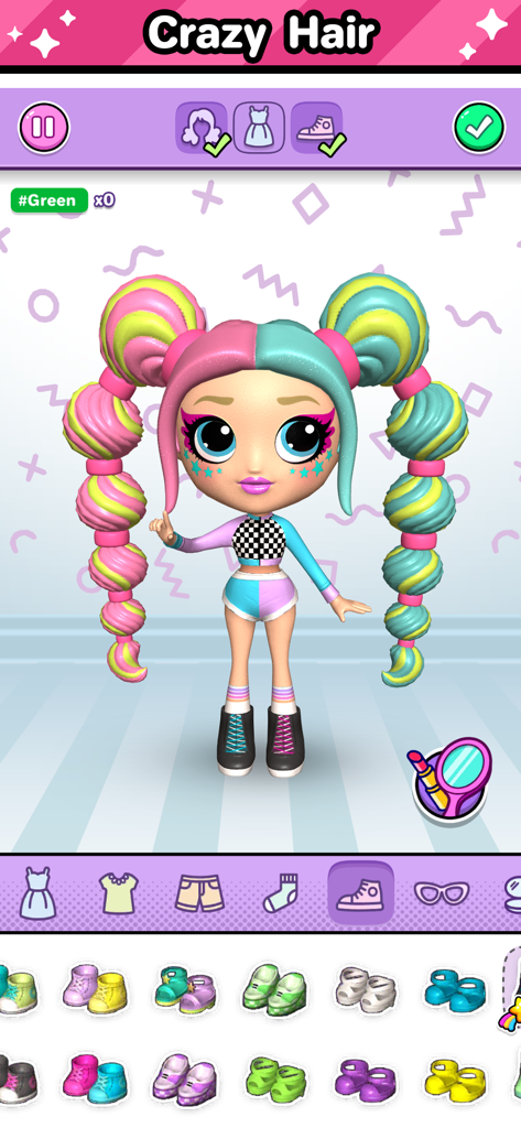 Go! Dolliz: Doll Dress Up Game - Una muñeca virtual 3D con cabello loco rosa y azul siendo vestida en la aplicación Go! Dolliz