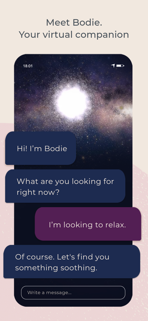 Sounds True One - Chat interface of the Sounds True One app featuring Bodie, a virtual companion providing personalized spiritual guidance.