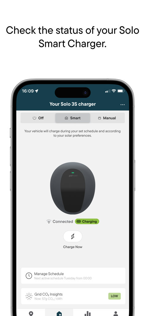 Interface of the Pod Point app showing the status and management of a Solo Smart home charger