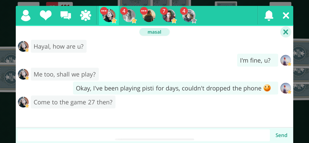 In game chat interface showing players communicating and inviting each other to games in Pisti Online