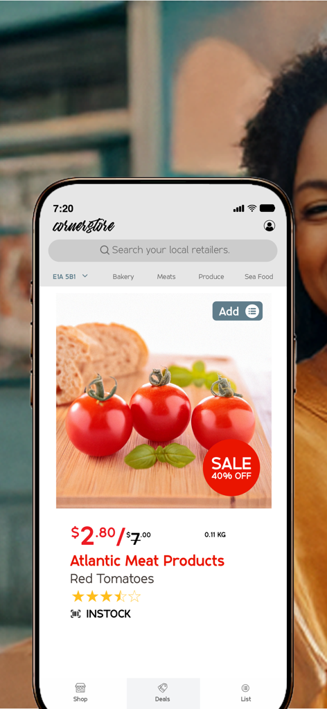 CornerStore - CornerStore app interface displaying a sale on red tomatoes from a local retailer in New Brunswick