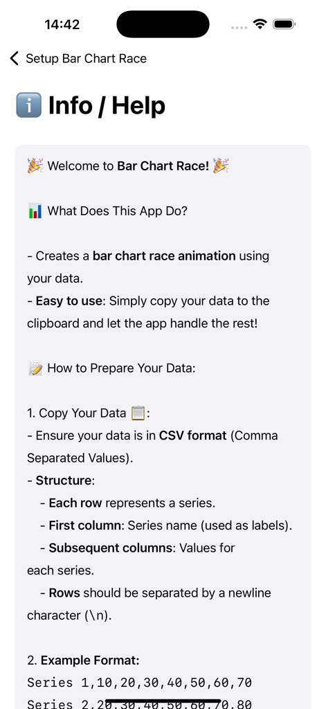Tela de informações e ajuda explicando como preparar dados CSV para animações de gráfico de barras