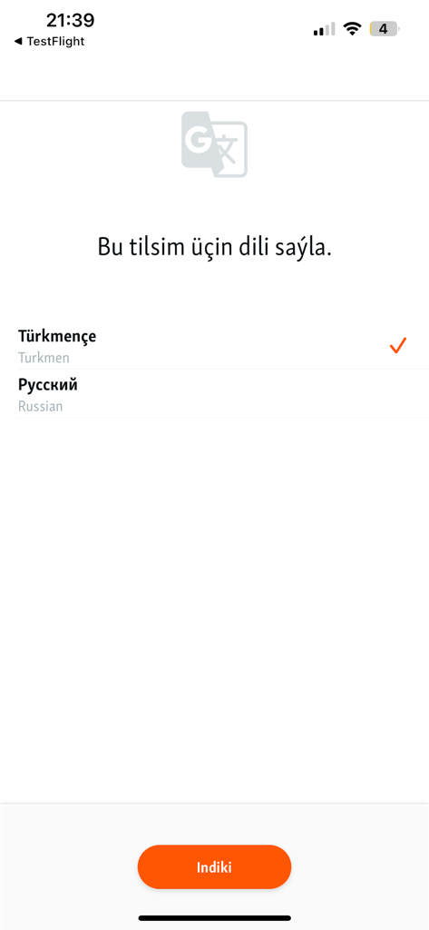 Azatlyk Radiosy - Language selection screen for the Azatlyk Radiosy app featuring Turkmen and Russian options