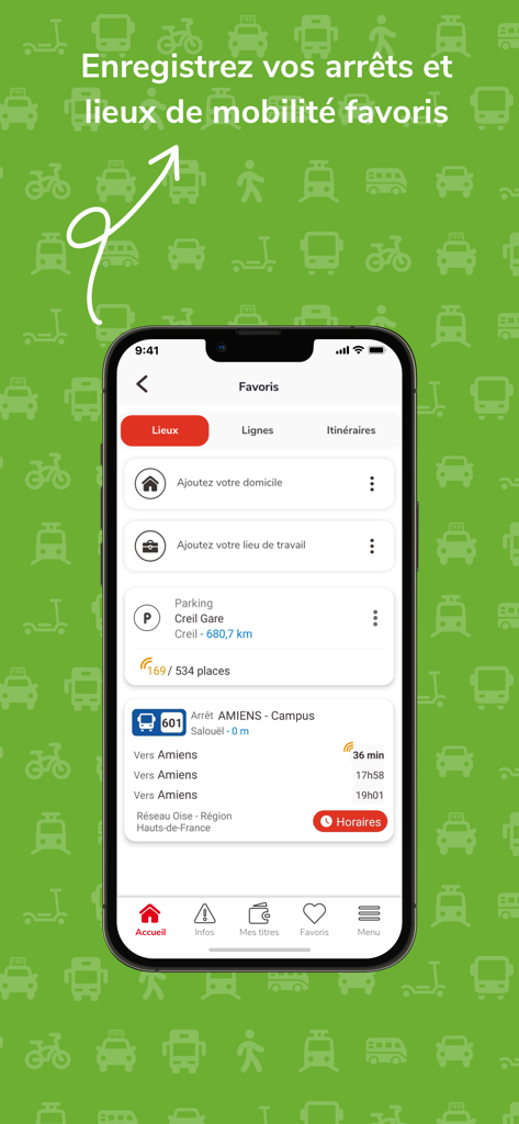 Interfaz de la app móvil Oise Mobilite mostrando paradas de transporte favoritas y ubicaciones de viaje guardadas.