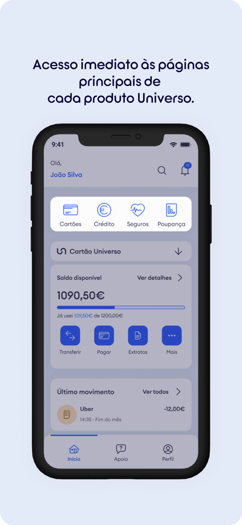 Home screen of the Universo Mobile Banking app showing financial product categories and balance overview