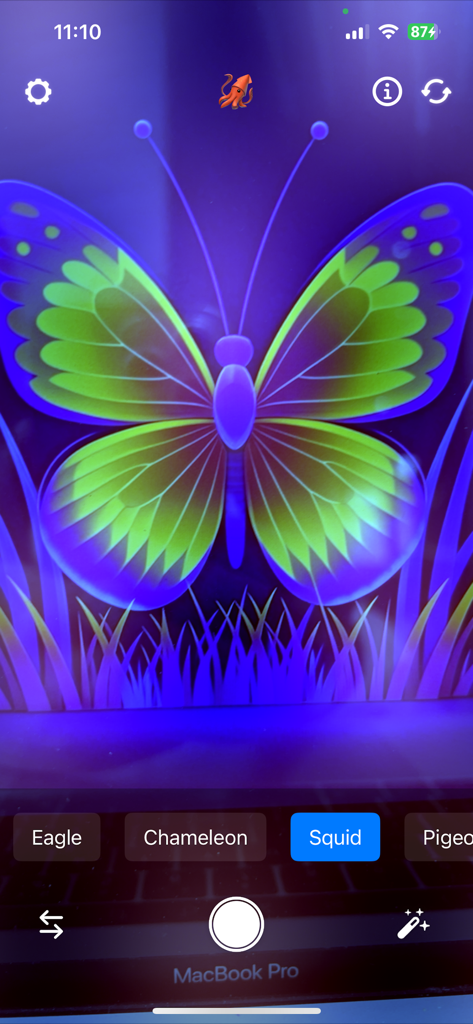 EyeShift app interface showing a butterfly through a squid vision simulation filter