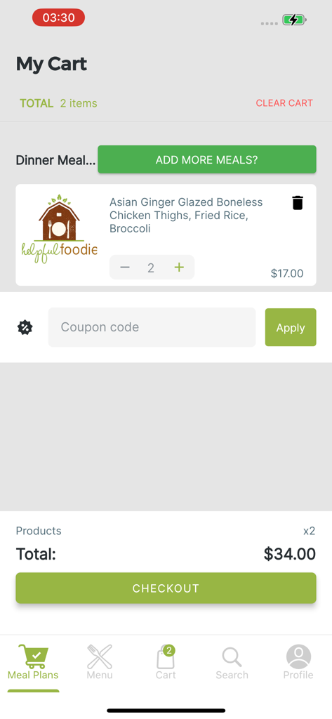 Helpful Foodie - Helpful Foodie mobile app cart screen displaying a meal order and checkout button
