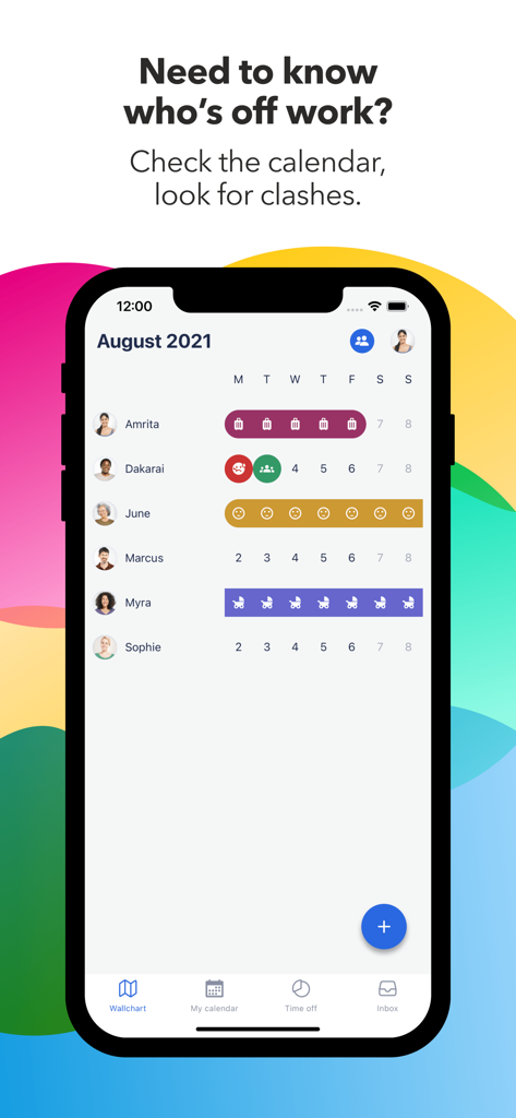 Timetastic - A mobile screen showing the Timetastic staff leave planner wallchart with a team calendar and vacation icons