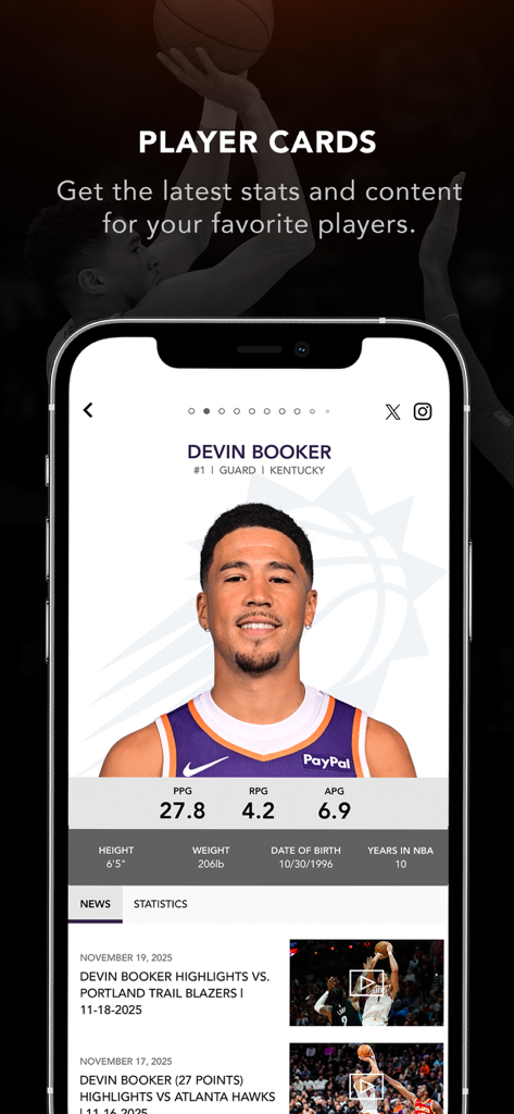 Suns-Merc-Mortgage Matchup Ctr - Phoenix Suns player card for Devin Booker showing NBA stats and latest news highlights