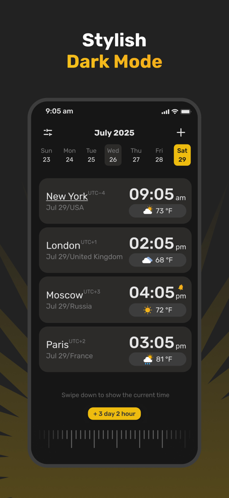 World Clock Widget & Weather - Interfaz de la aplicación de reloj mundial y clima en modo oscuro que muestra múltiples ciudades con hora y temperatura
