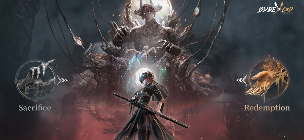 Blade of God X: Orisols - Dark fantasy artwork from Blade of God X featuring the choice between Sacrifice and Redemption