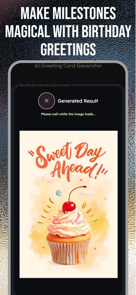 Happy Birthday Greeting eCards - Tarjeta electrónica de cumpleaños generada por IA con un cupcake y el mensaje Un dulce día por delante