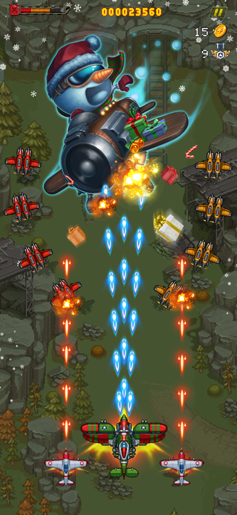 1945 Air Force: Airplane Games - Jogabilidade de 1945 Air Force apresentando um avião lutando contra um chefe boneco de neve gigante em um cenário de inverno