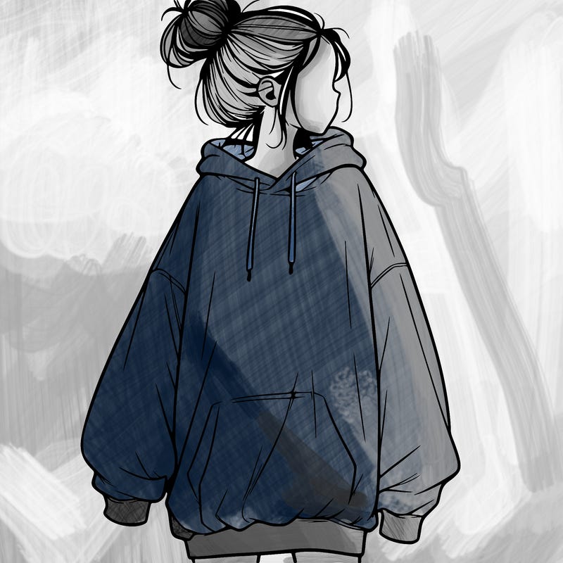 realistic girl with a oversized sweatshirt on and a bun