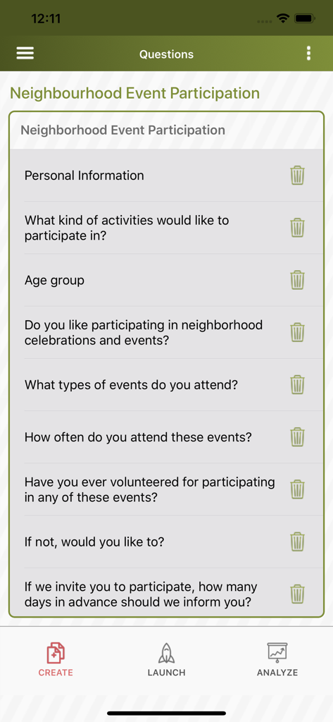 Survey Maker by SurveyCrest - A list of questions for a neighborhood event survey within the Survey Maker mobile app interface