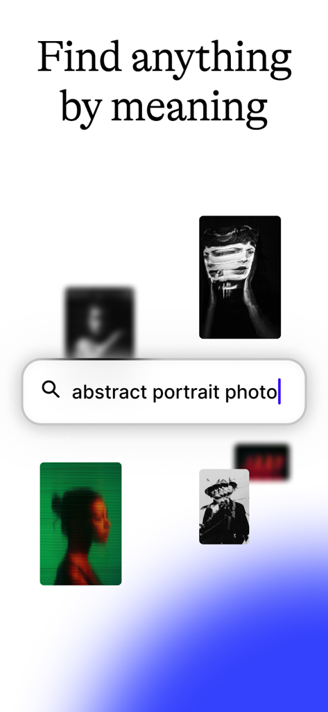 Interface showing the Fabric app natural language search feature finding abstract portrait photos by meaning