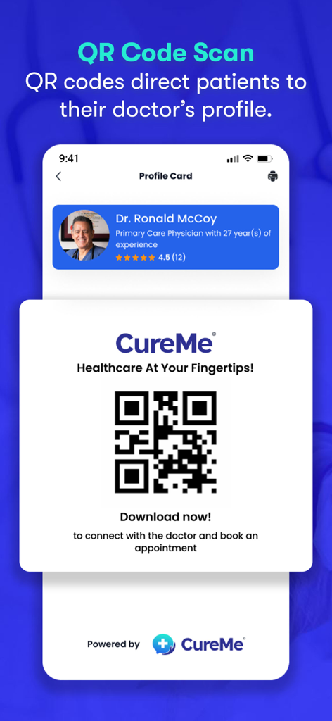 Una schermata mobile che mostra un codice QR che indirizza i pazienti al profilo di un medico nell'app CureMe.