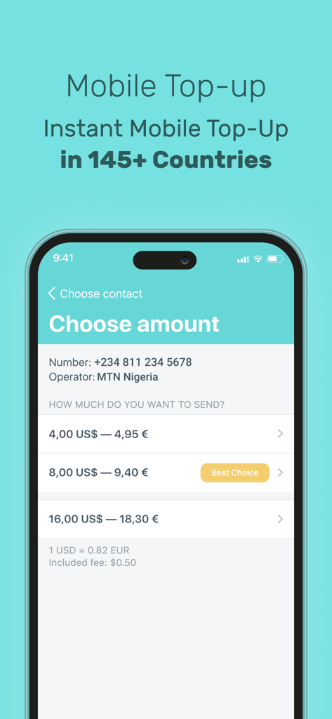 International Calling - Yolla - Yolla-App-Bildschirm zum sofortigen Aufladen von Mobilfunkguthaben nach Nigeria mit transparenten Preisen.