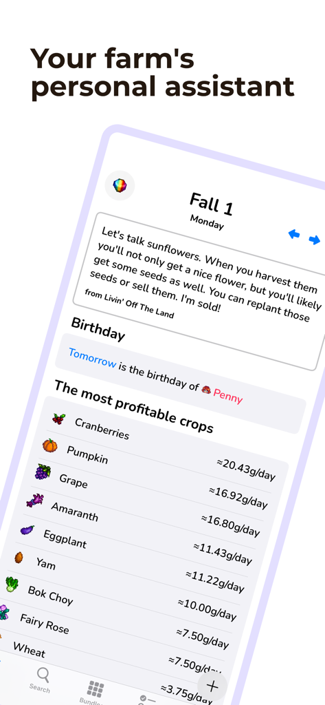 Assistant for Stardew Valley - Assistant for Stardew Valley app displaying the most profitable crops and a birthday reminder for Penny.