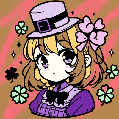 a manga-style girl with clovers around her, a little hat in her hair, like it's saint patrick's day