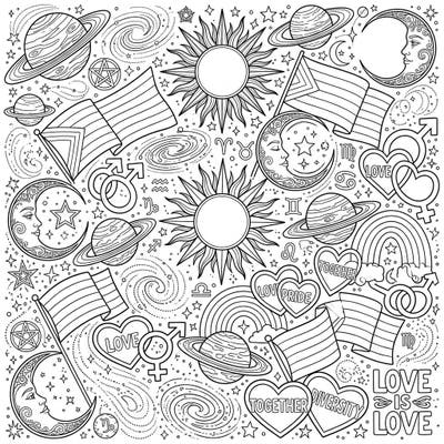 Embark on an astral adventure celebrating love and unity with this unique coloring page. Explore a universe where celestial patterns meet vibrant Pride symbols, ready for your creative touch.