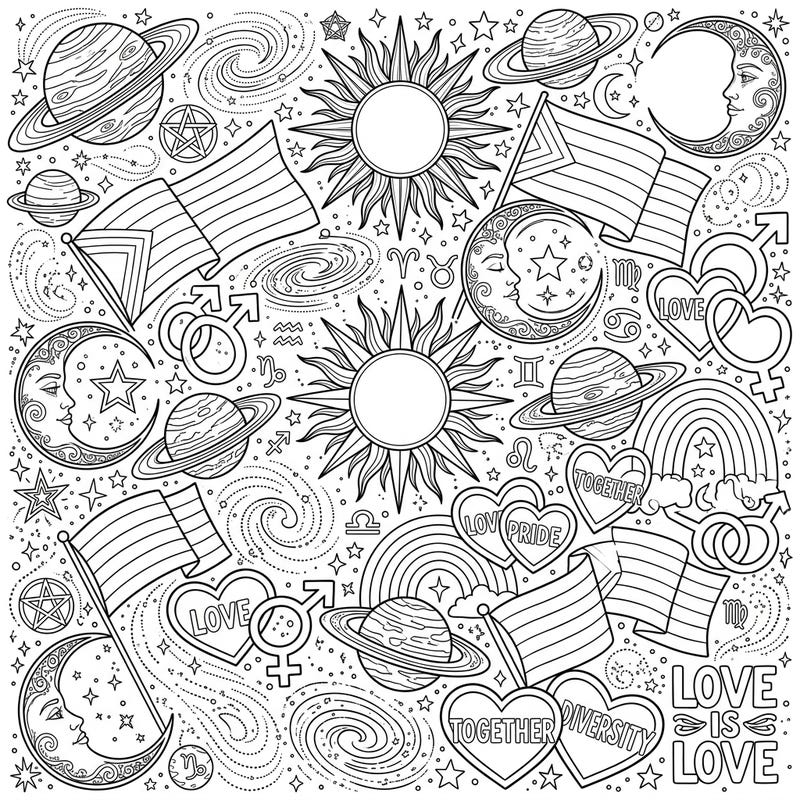 Embark on an astral adventure celebrating love and unity with this unique coloring page. Explore a universe where celestial patterns meet vibrant Pride symbols, ready for your creative touch.