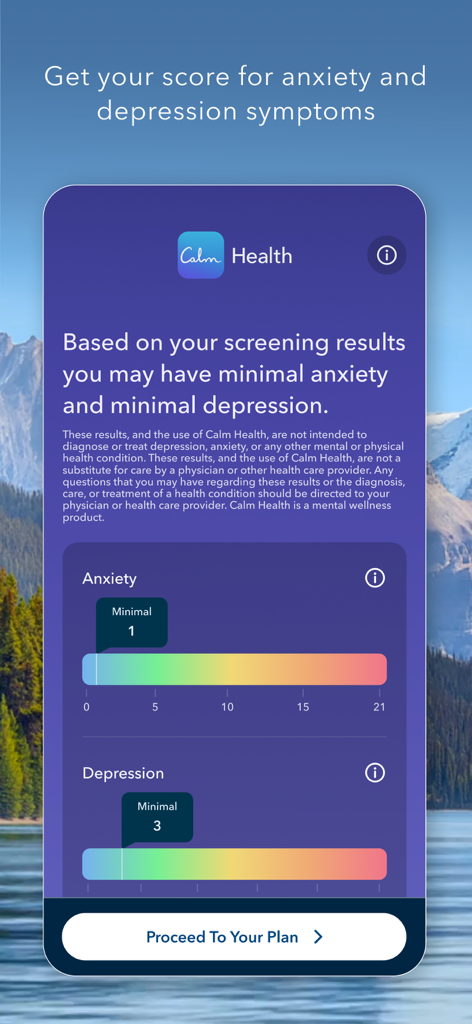 Calm Health - Oberfläche, die Angst- und Depressions-Screening-Ergebnisse in der Calm Health App anzeigt