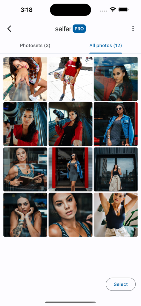 selfer - timer camera - A grid of high quality solo lifestyle portraits displayed within the selfer app internal gallery interface