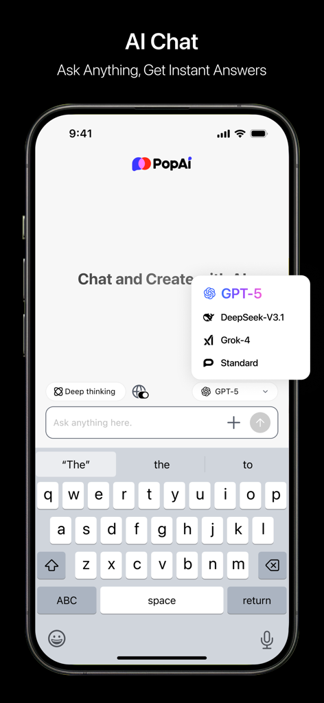 PopAi mobile app chat interface showing a list of available AI models including GPT and DeepSeek