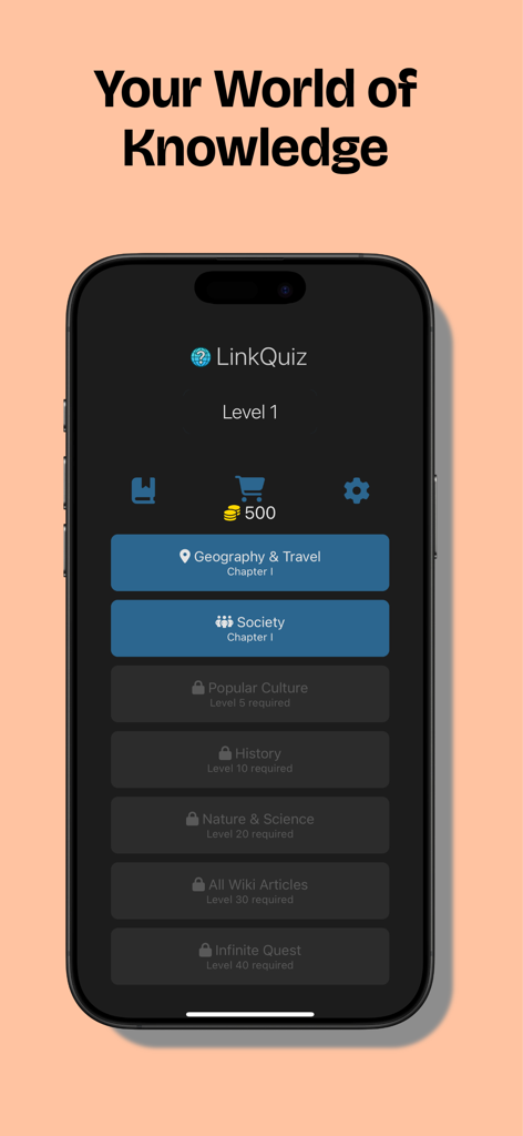 LinkQuiz: Trivia & Knowledge - Main menu of the LinkQuiz app showing trivia categories like Geography and Society