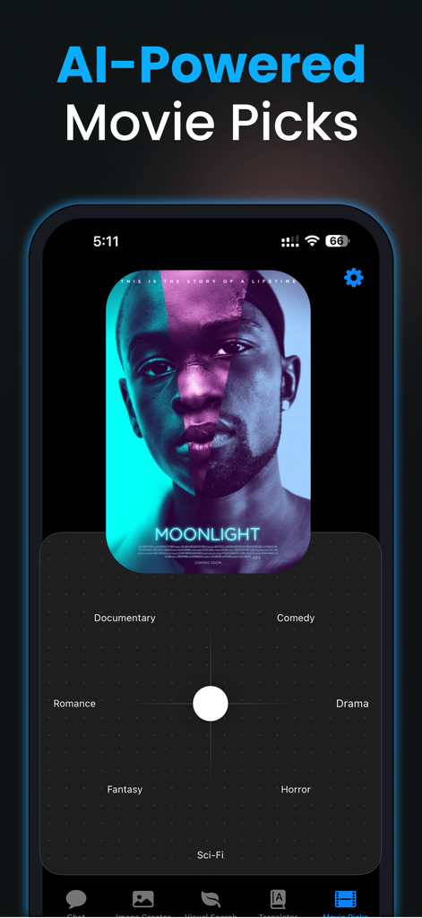 Chat AI+ Ask Chatbot Assistant - Interface of Chat AI plus app displaying AI powered movie recommendations and genre selection wheel